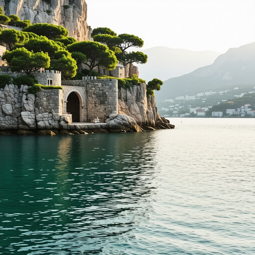 Sveti Stefan's hidden cove with clear waters and natural greenery at sunrise