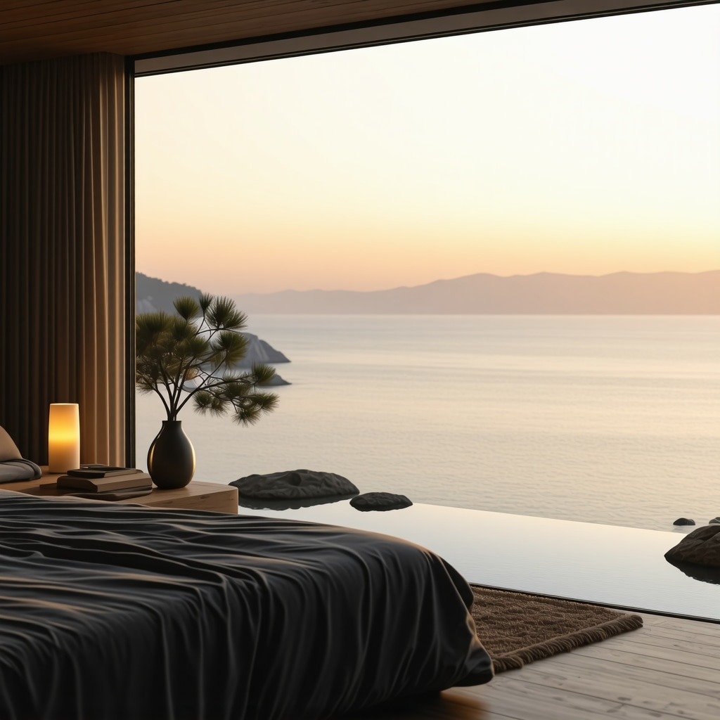 Eco-friendly luxury hotel suite with Adriatic Sea view at sunset in Sveti Stefan