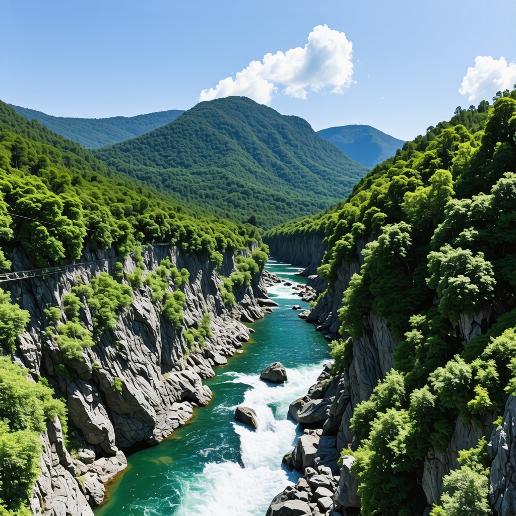 Lush green canyon in Tara National Park with zipline over a clear river and surrounding forest