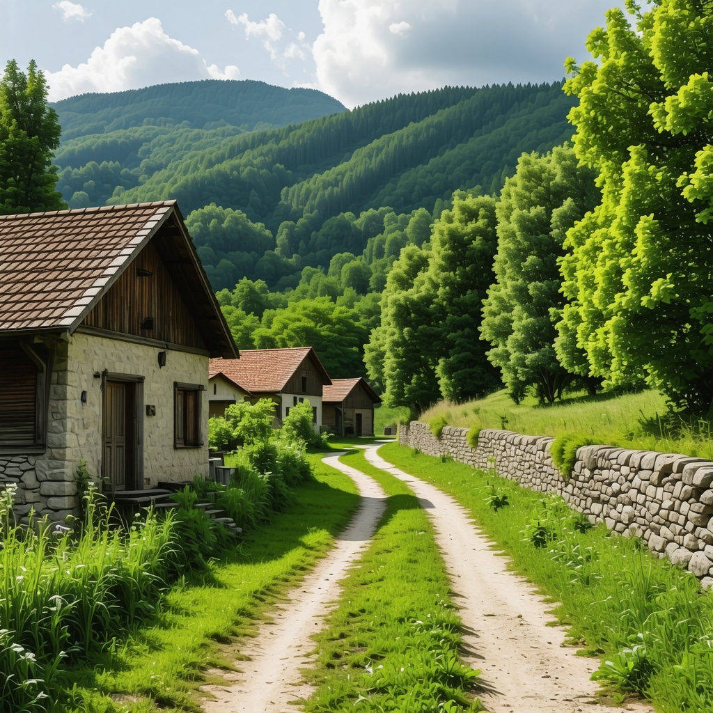 A scenic nature trail in Tetova with green forests and traditional Balkan village houses showing the integration of nature and culture