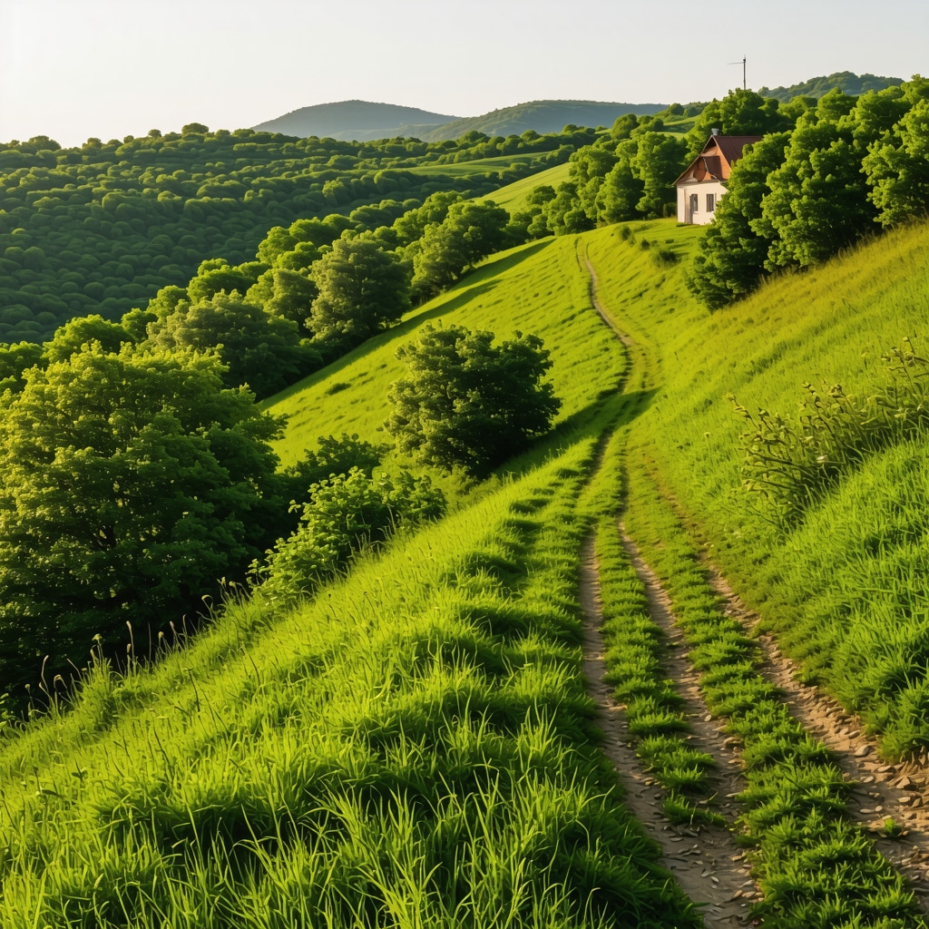 Panoramic view of lush green hiking trails and traditional Balkan village landscapes in Tetova