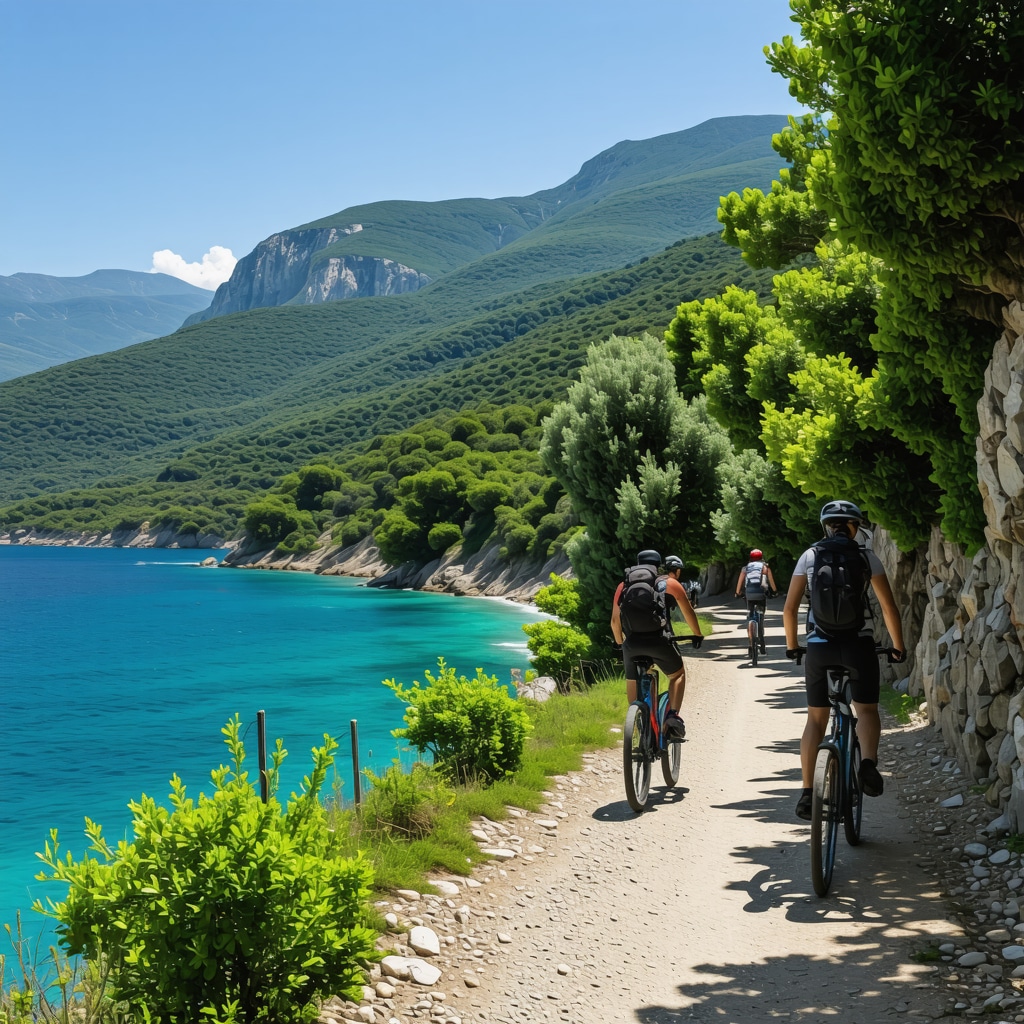 Panoramic view of Tivat showing turquoise Adriatic Sea, green mountains with cyclists on forest trail under sunny sky