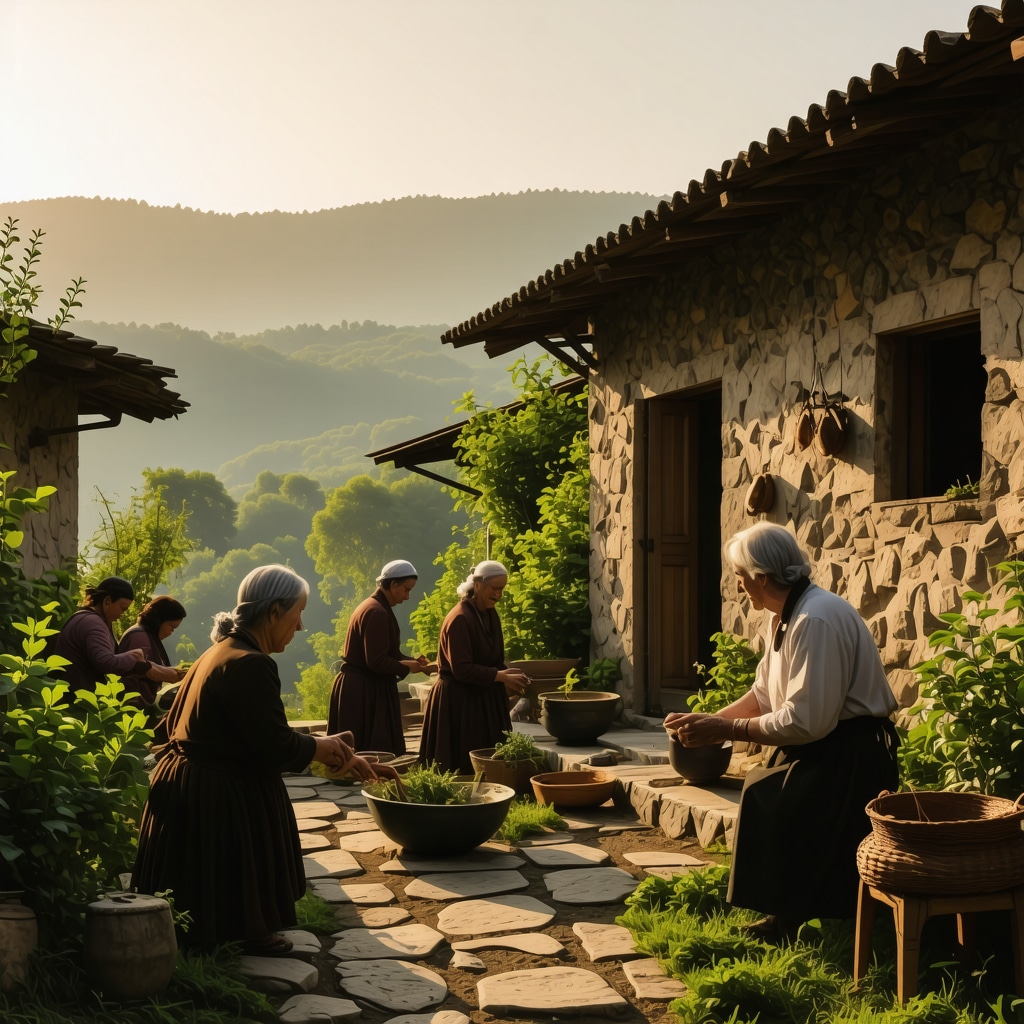 Balkan village with traditional houses and locals crafting amidst natural greenery at dawn