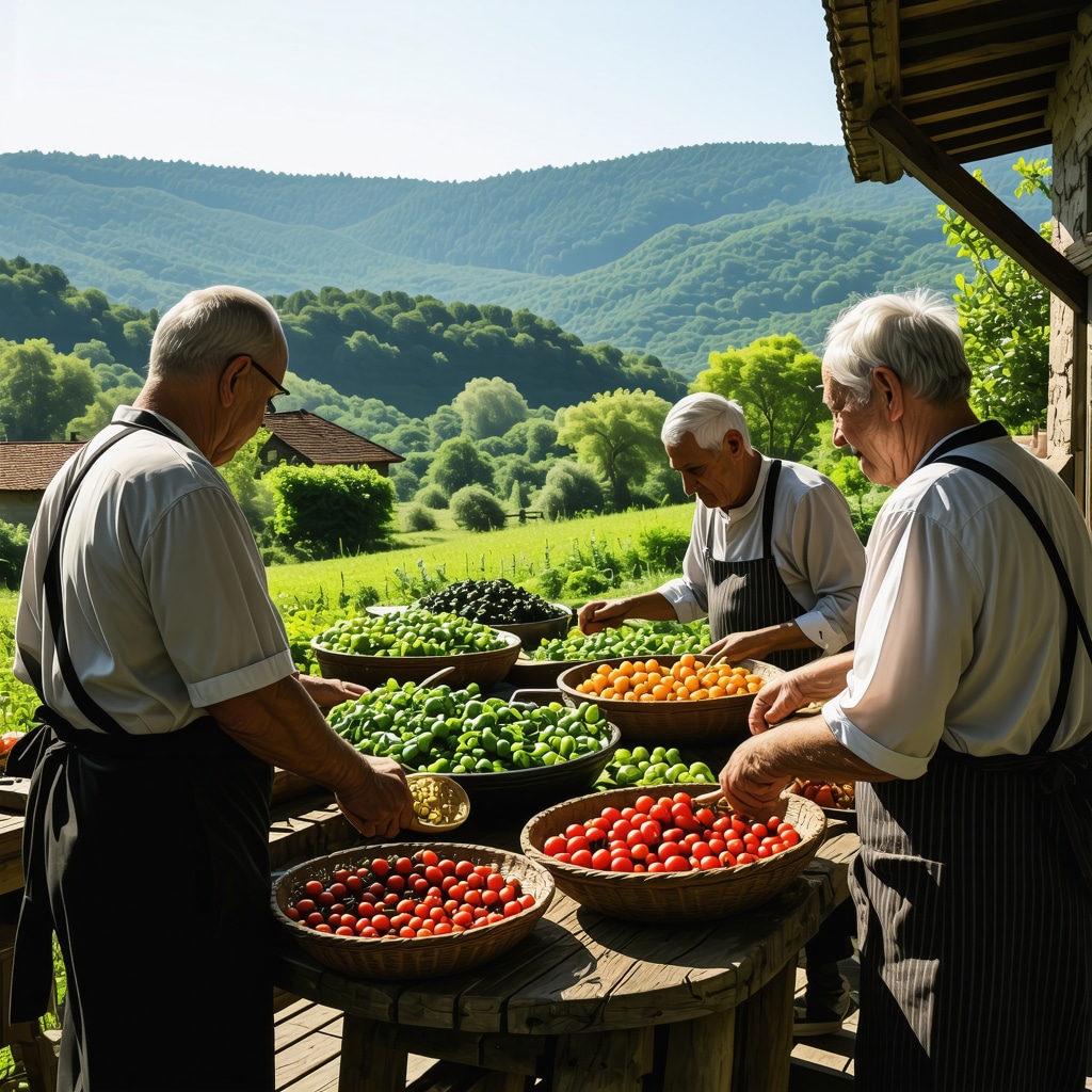 Organic vegetable garden and local chefs preparing traditional Balkan dishes outdoors in Gjakova with green hills and rustic buildings in background