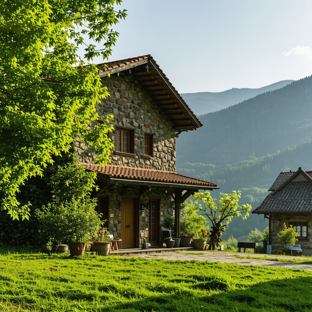 A traditional guesthouse in Gostivar with greenery and mountains in the background