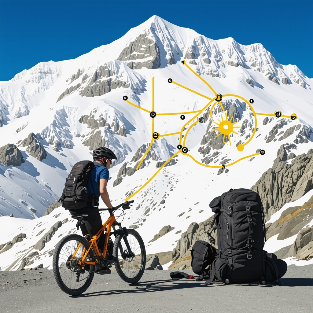 Dağ bisikleti süren kişi, Transfagarasan yolunda GPS haritası ve değişken hava koşulları simgeleriyle birlikte