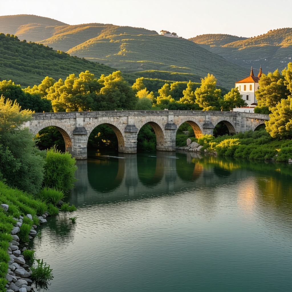 Panoramic view of Trebinje's stone bridge surrounded by lush greenery during sunset