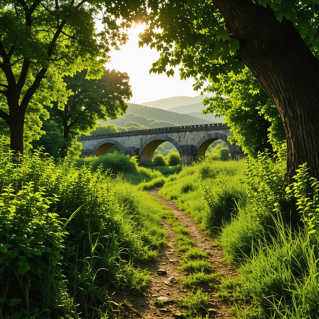 A peaceful trail in Trebinje nature park featuring lush vegetation and a historic stone bridge under warm sunlight