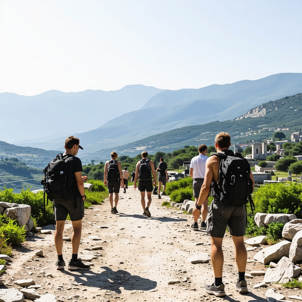 Hikers exploring Trebinje’s mountains with GPS devices near historical ruins