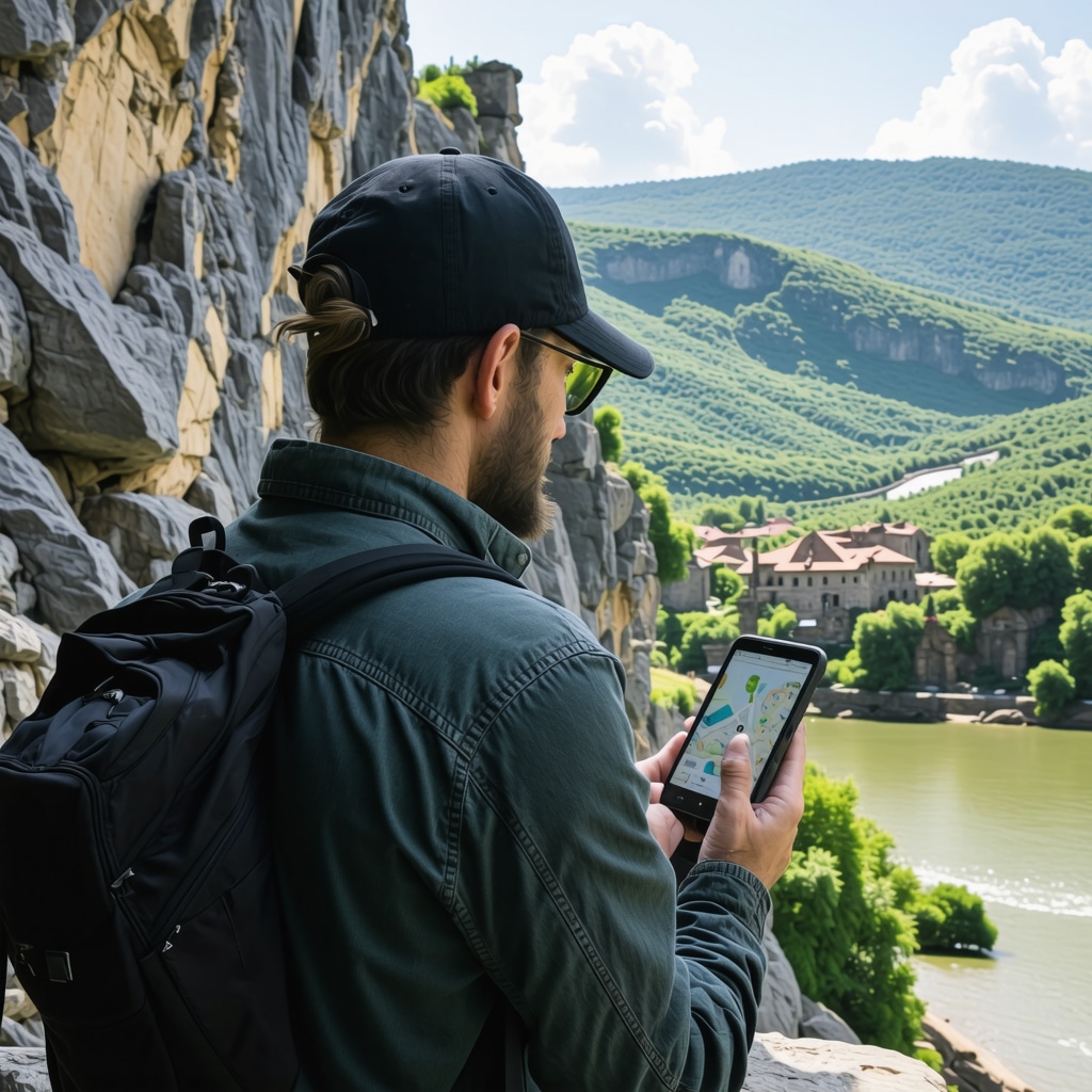 A trekker navigating Đerdap Kanyonu with GPS and augmented reality app showing ancient ruins and natural scenery