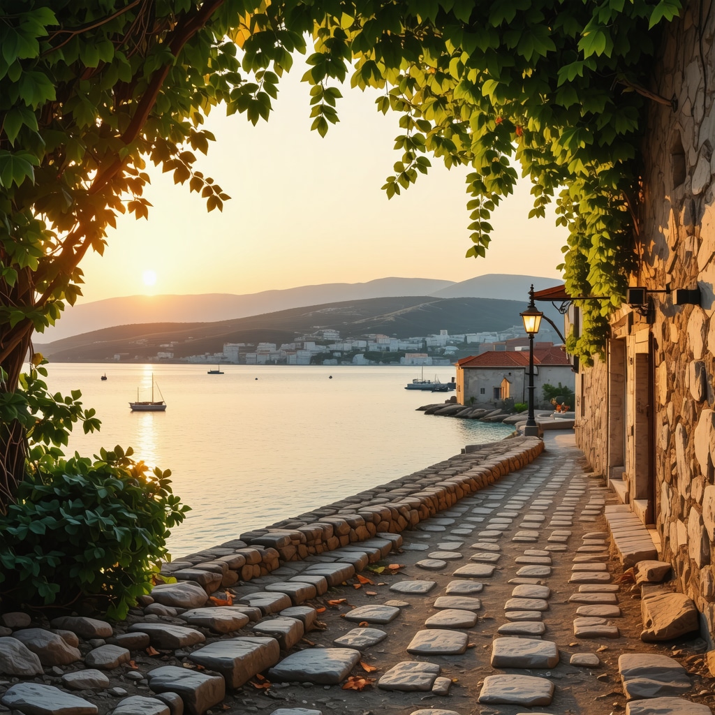 Panoramic view of Trogir's stone streets and Mediterranean natural landscape with Adriatic Sea