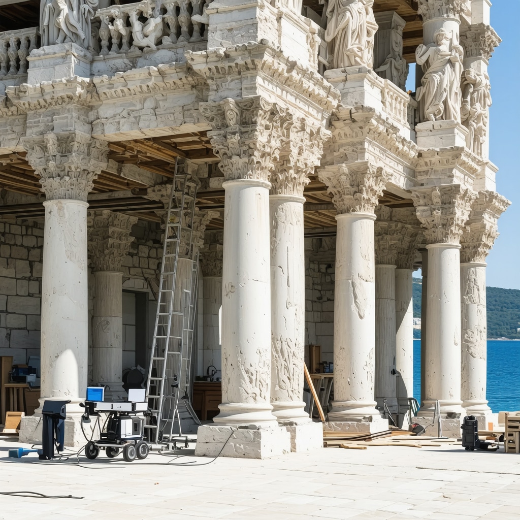Yakından çekilmiş Trogir taş işçiliği restorasyon sahnesi, gelişmiş koruma teknikleri ve Adriyatik kıyısı