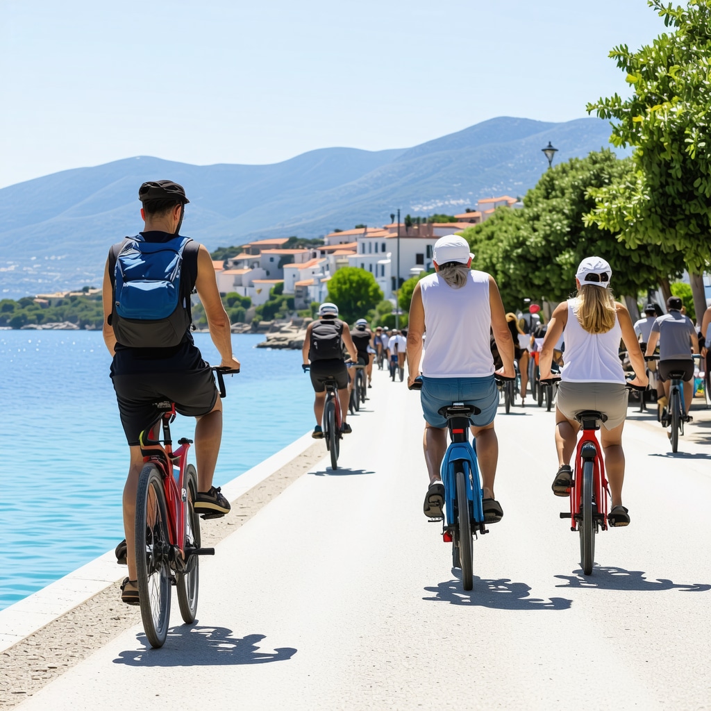 Tarihî yapılar ve deniz manzarası eşliğinde Trogir'de bisiklet turu yapan turistler