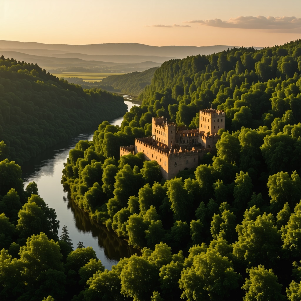 Aerial sunset view of Tsarevets Castle with surrounding green forests and Yantra River in Veliko Tarnovo