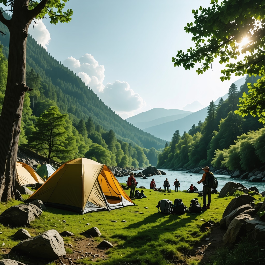 Campsite surrounded by lush green forest and river in Tutin with hikers and tents
