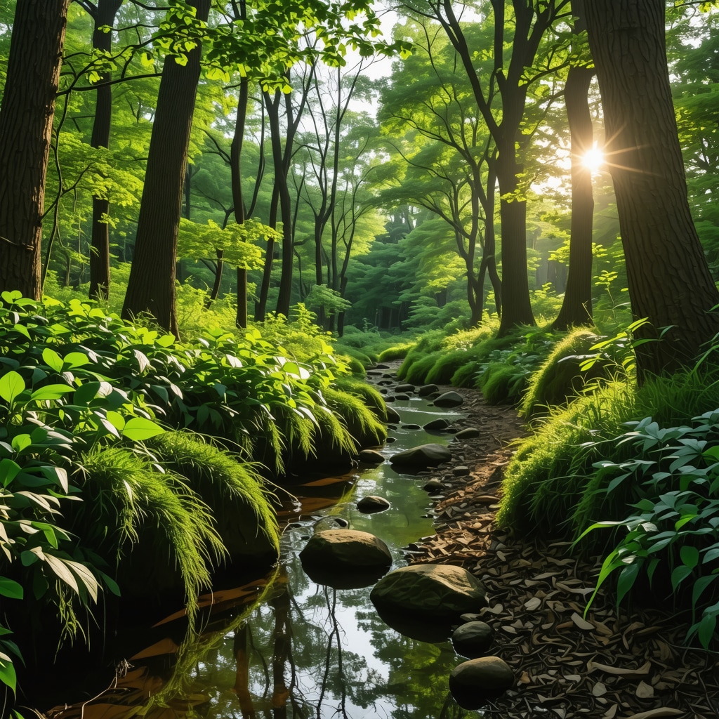 Forest trail in Tutin with diverse plants and a flowing stream during sunset
