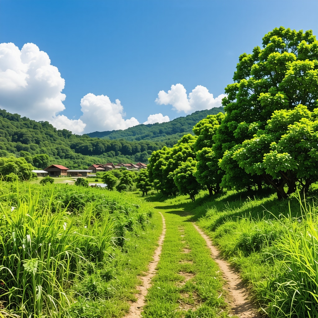 Hiking trail in Tutin with green forests and traditional village