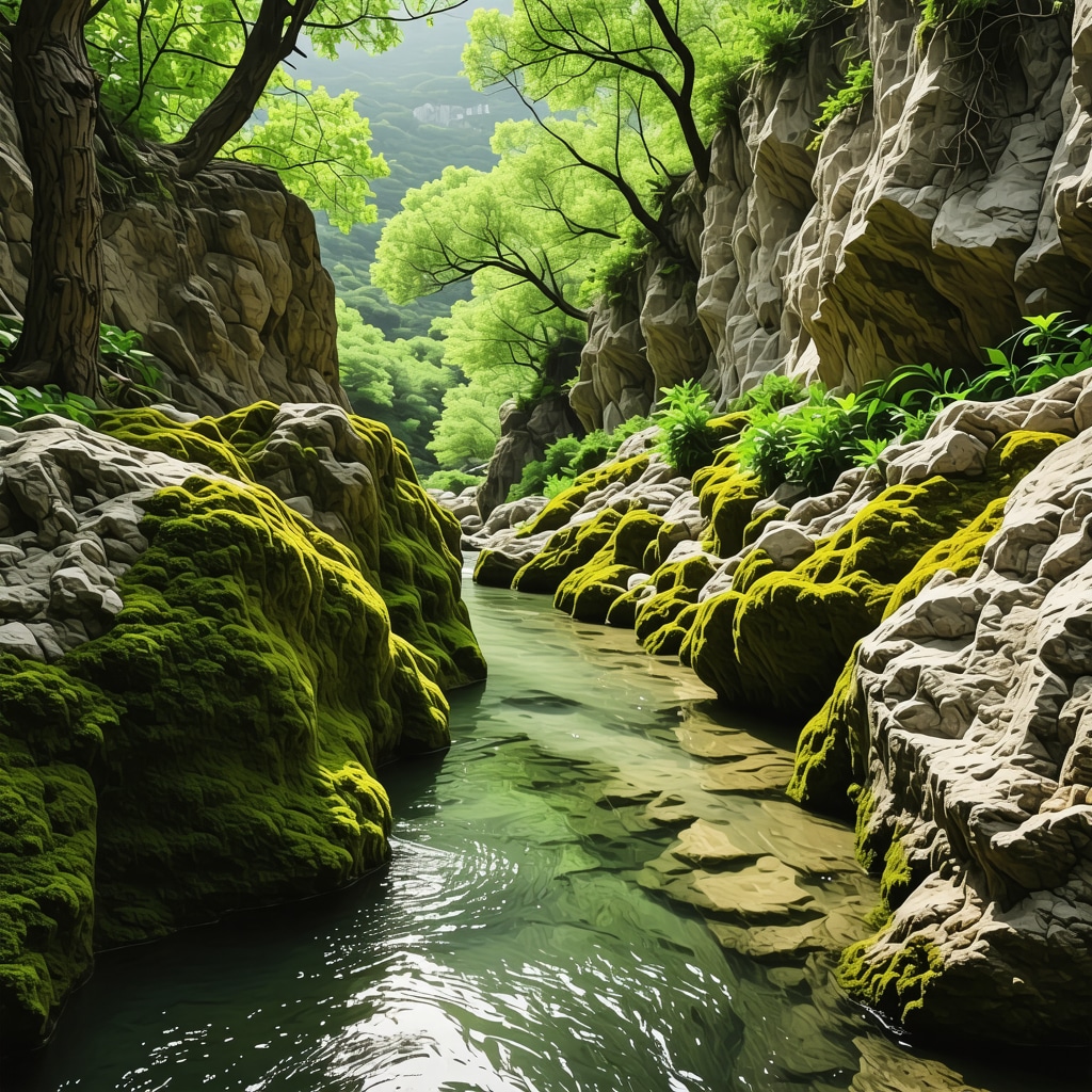 Nature trail in Ulcinj canyon with lush vegetation and moss-covered rocks