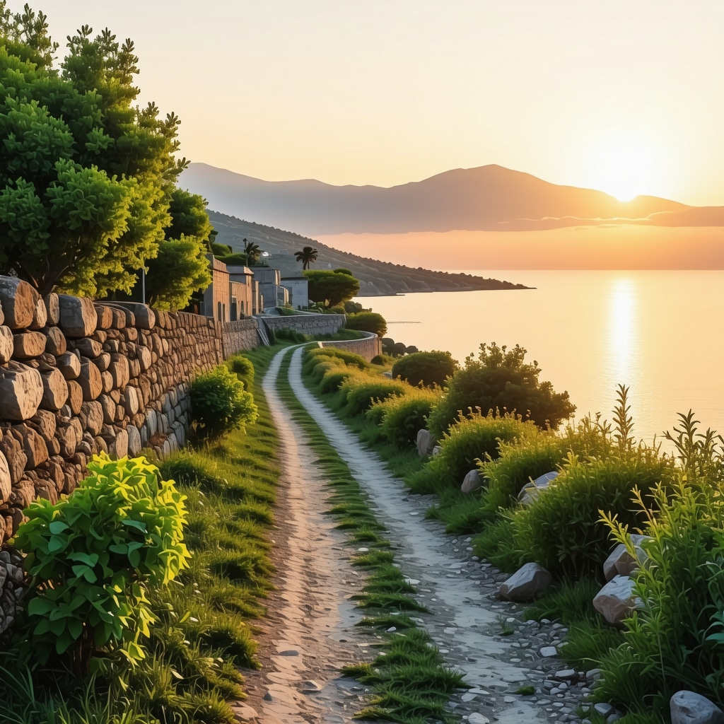 Coastal path in Ulcinj with ancient stone walls and greenery at sunset