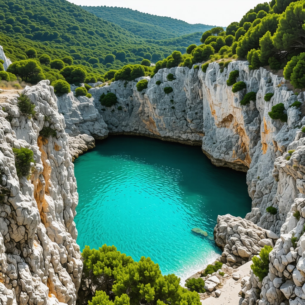 Turquoise water and lush green surroundings of a hidden cove in Ulcinj, Montenegro