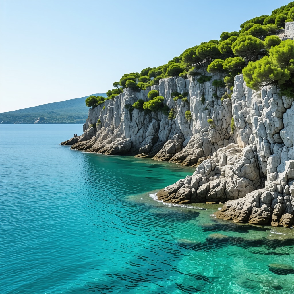 Turquoise water of a hidden cove in Ulcinj surrounded by pine trees and cliffs