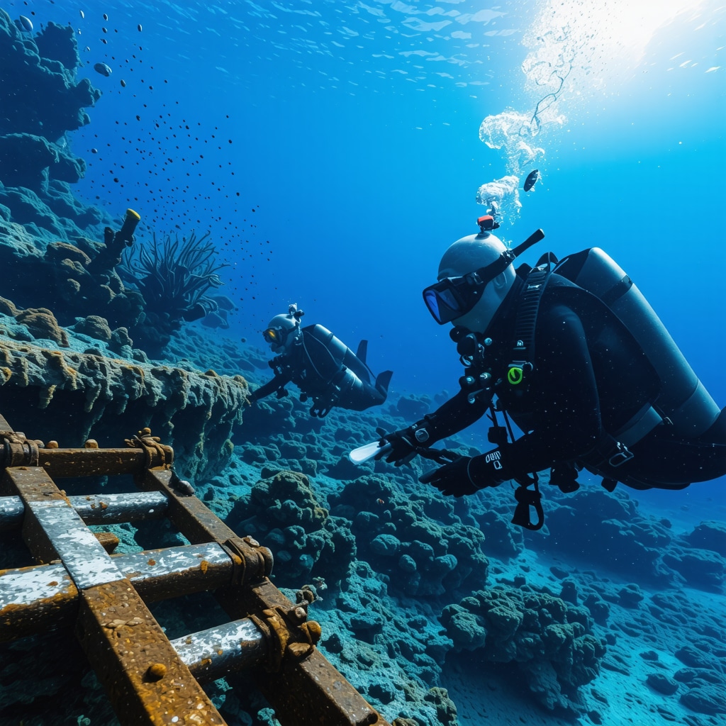 Divers using advanced scanning equipment near ancient shipwrecks in Tivat's waters for conservation and sustainable tourism