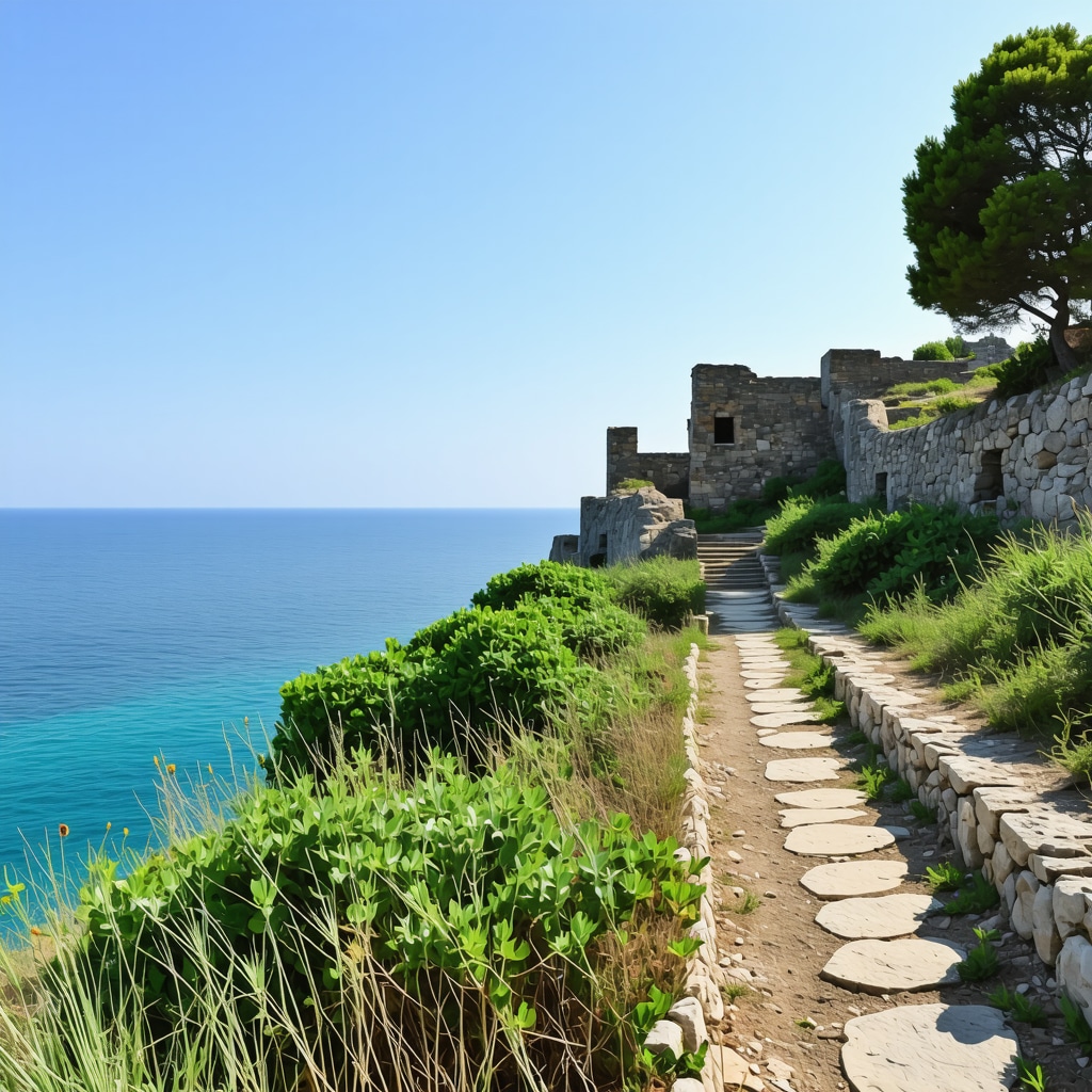 Scenic hiking trail near Varna along the Black Sea coast with visible ancient ruins and lush greenery