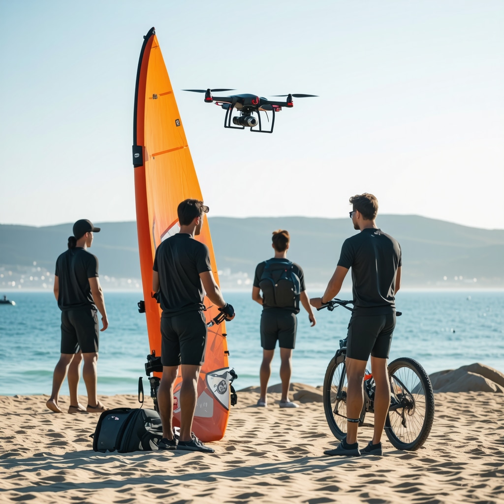 Athletes using wearable tech and drones in Varna's coastal nature sports environment