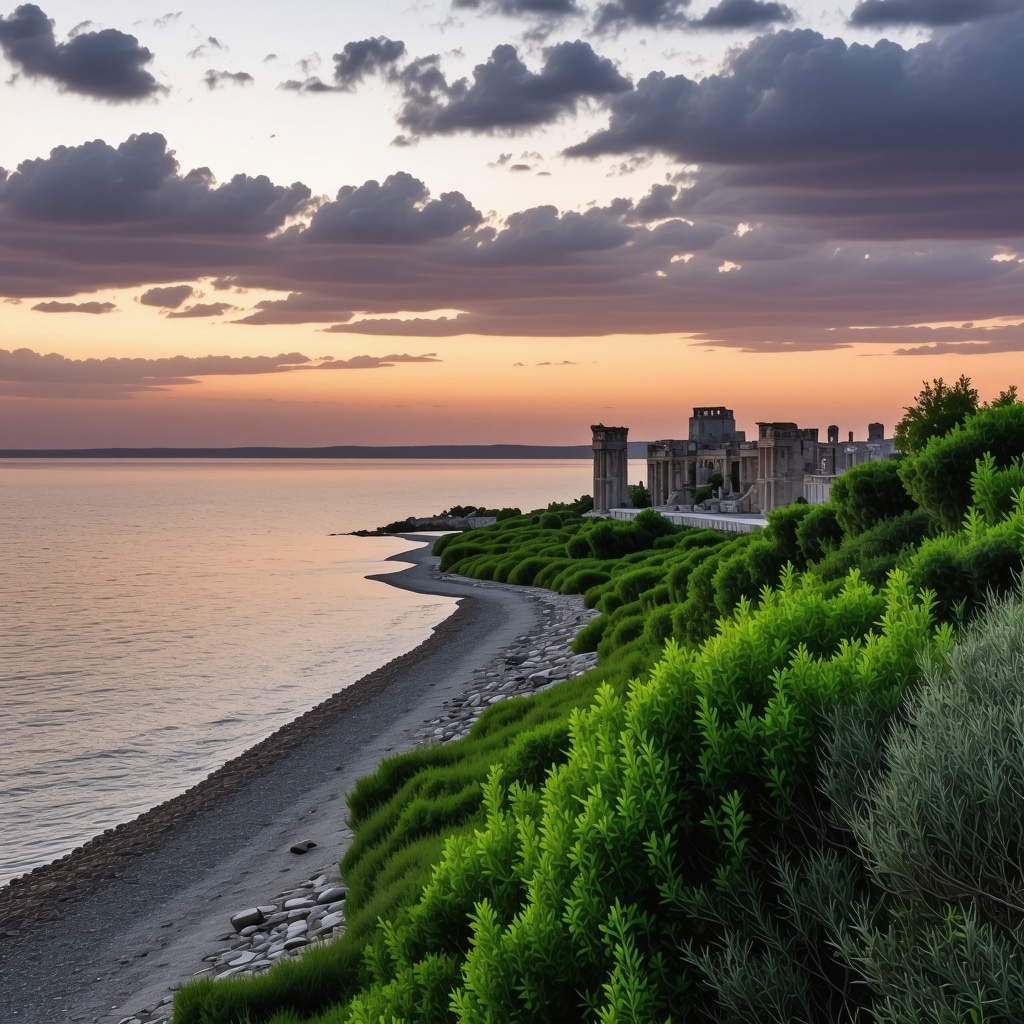Coastal view of Varna showing ancient ruins and green parks with sunset colors