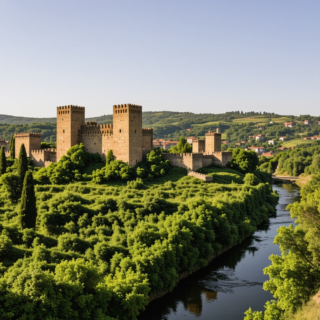 Panoramic view of Veliko Tarnovo Castle surrounded by forest and Yantra River