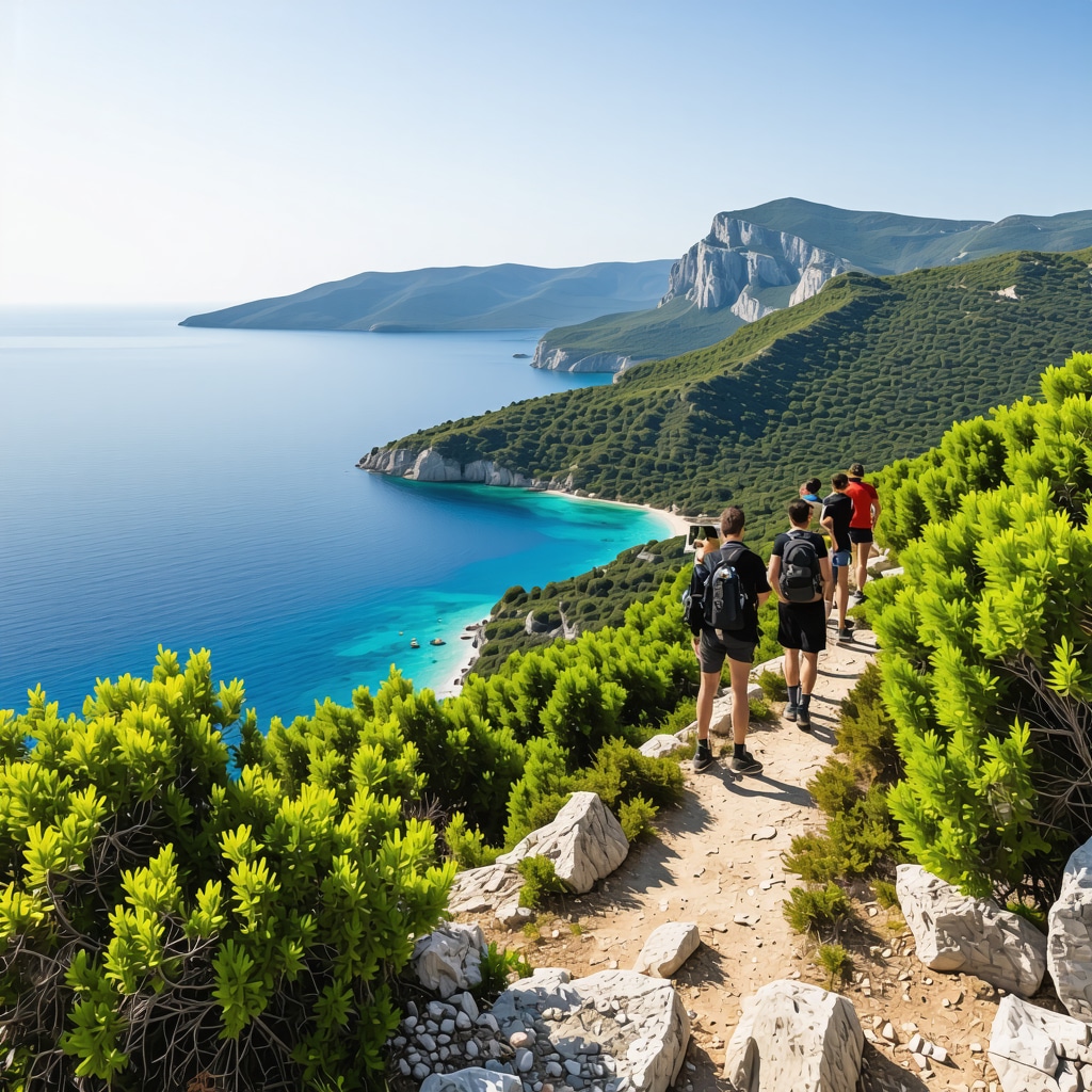 Panoramic view of Brač Island from Vidova Gora showing nature and hikers using AR apps