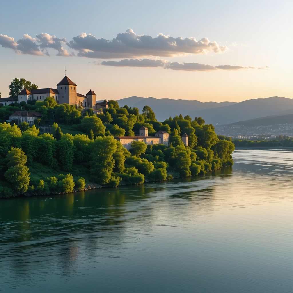 Vişegrad castle and river at sunset with digital augmented reality icons representing eco-tourism technology