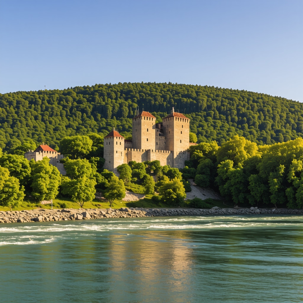 Vişegrad Castle with green forests and Danube River in the background