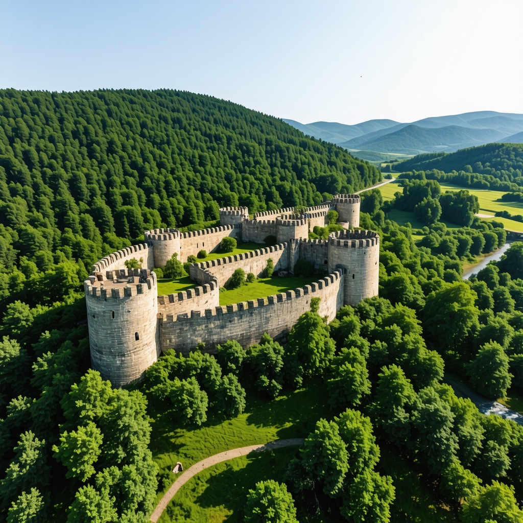 Aerial image of Vişegrad fortress and river with digital 3D mapping graphics