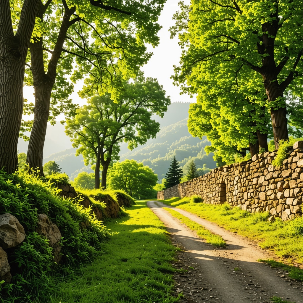 Hiking trail on Vitosha Mountain with green trees and ancient stone ruins at sunset