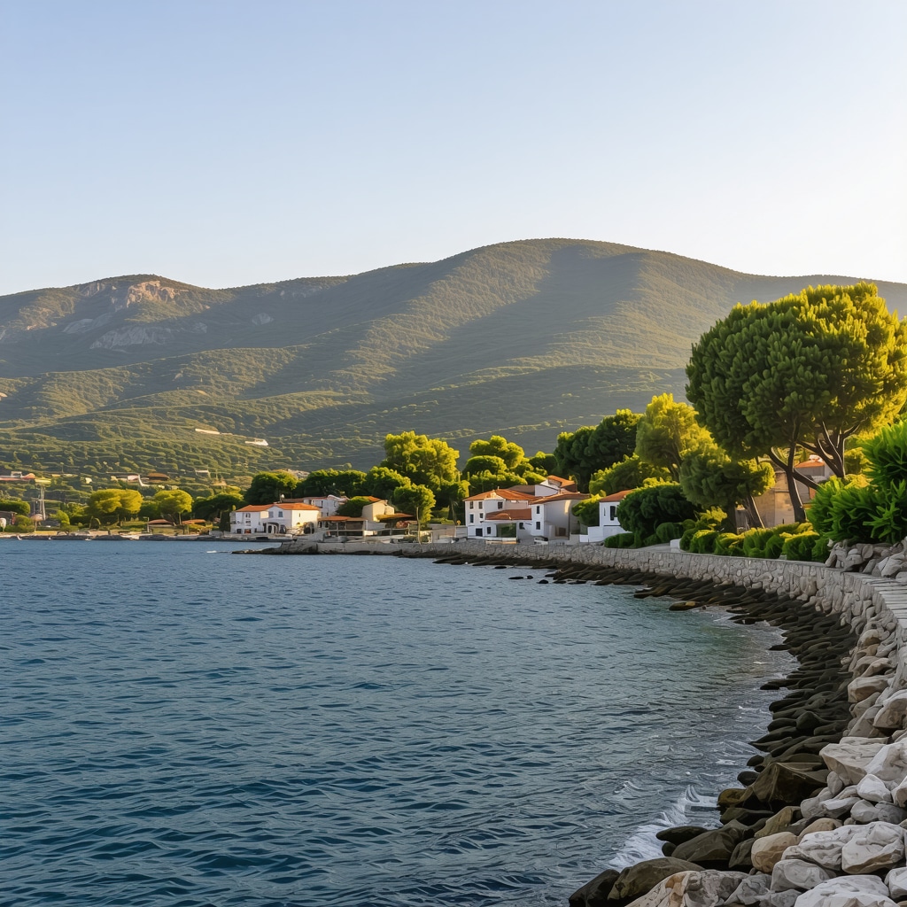 Scenic view of Volos coast with blue sea, green mountains, and stone village at sunset