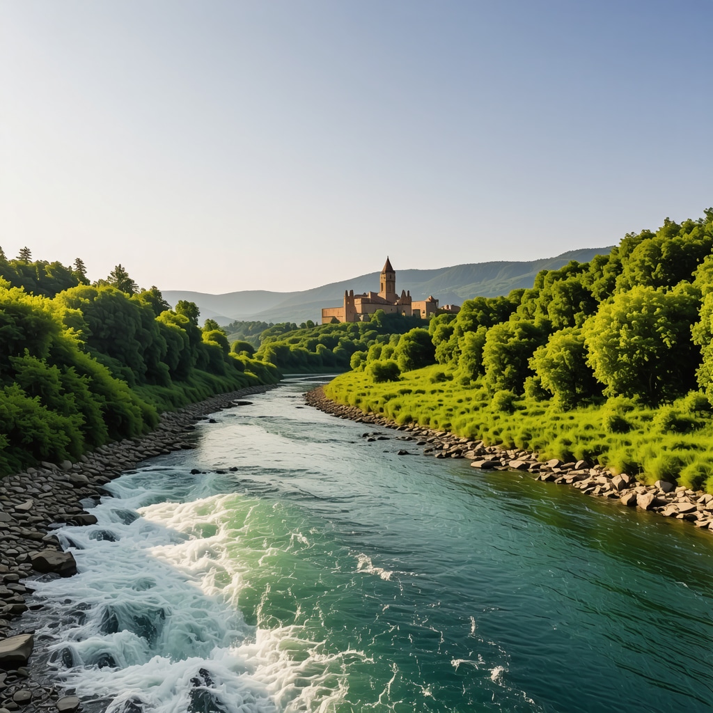 Scenic landscape of Vrbas River and Kastel Castle surrounded by greenery in Banja Luka at sunset