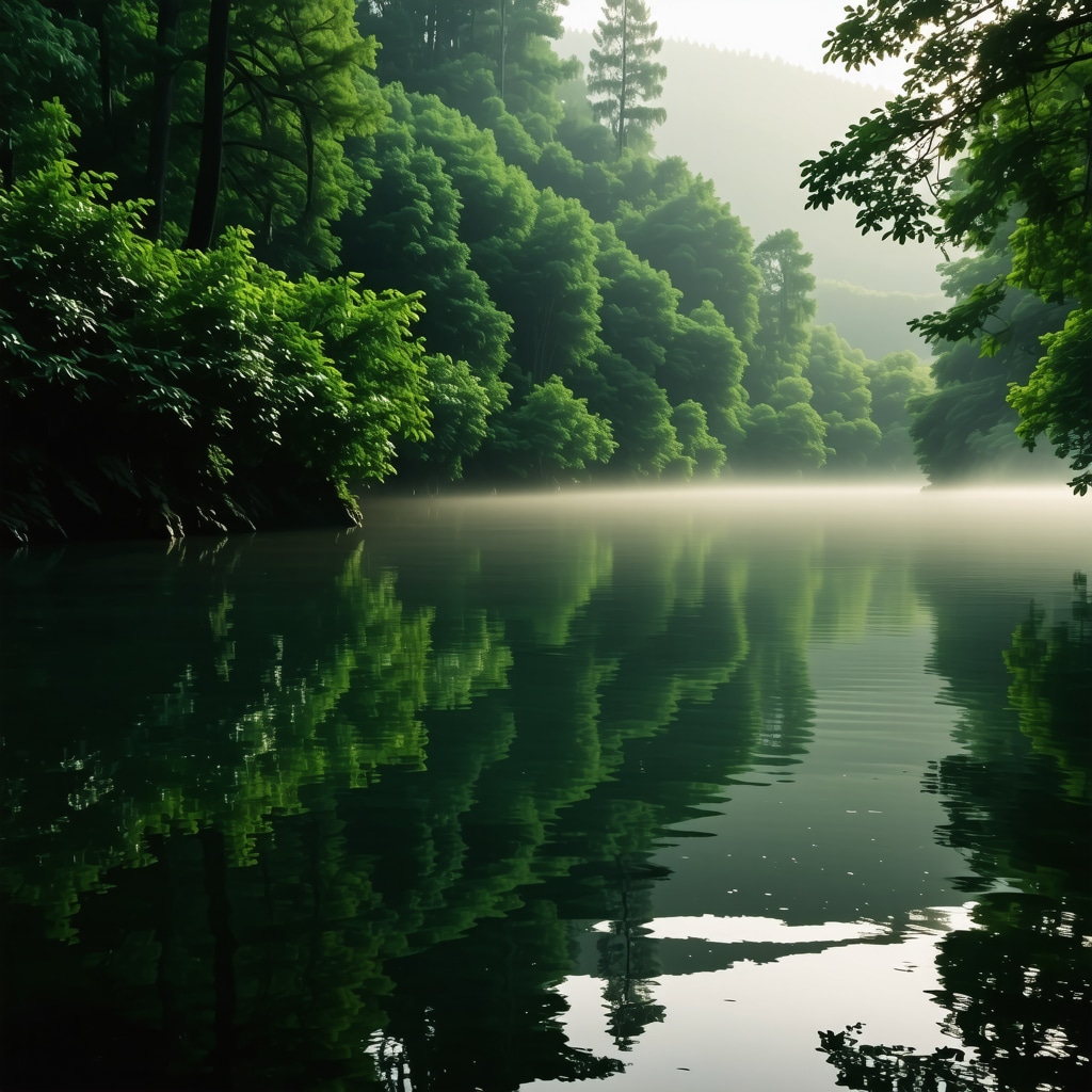 Misty morning at Vrelo Bosne with clear springs and lush green trees
