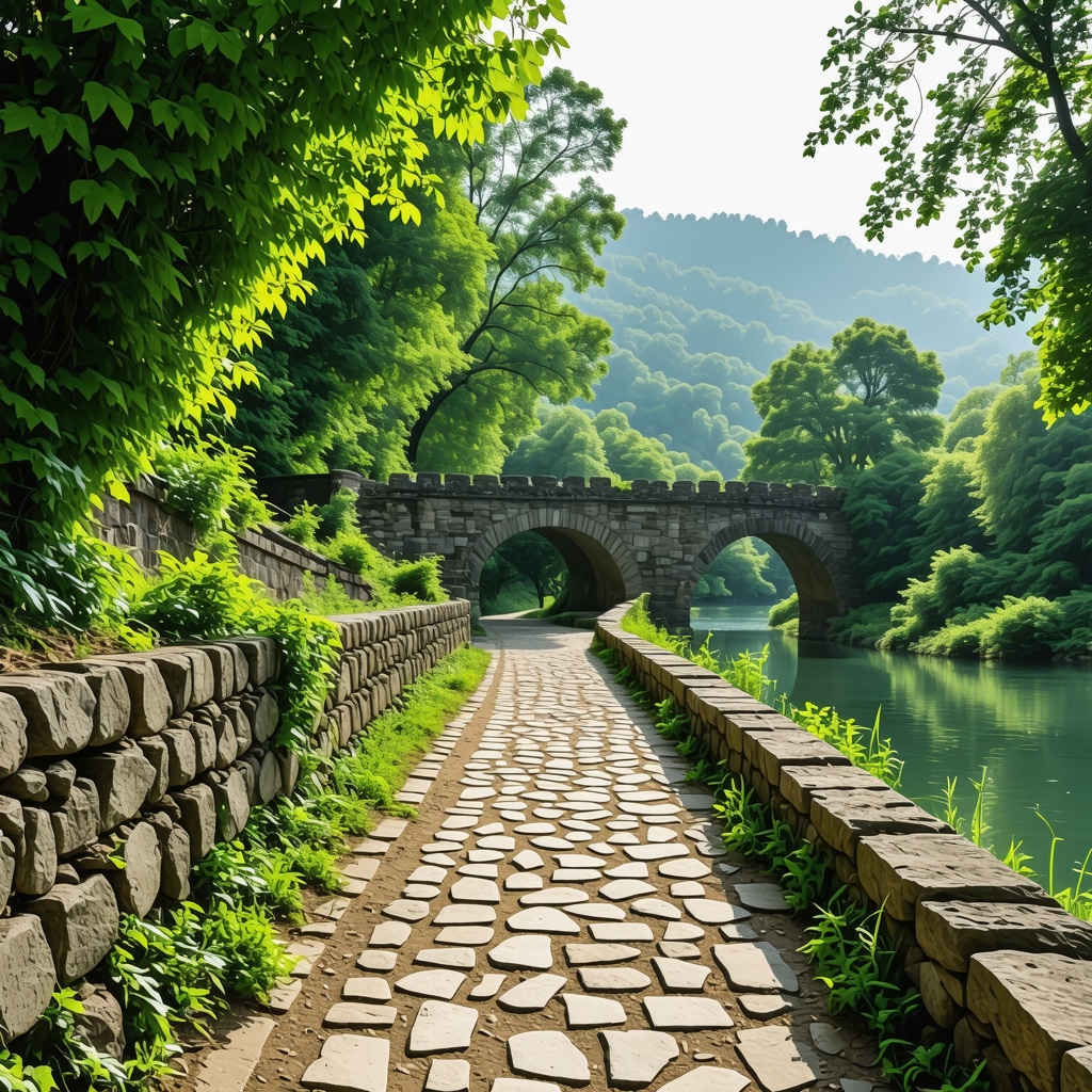 Hikers walking on a green trail at Vrelo Bosne with visible AR projections of historic Ottoman bridges and natural surroundings