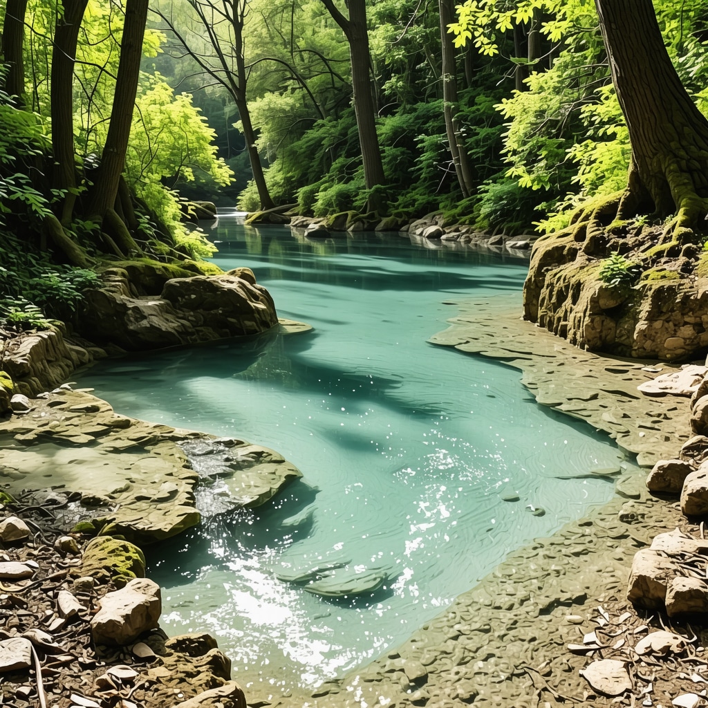 Bahar mevsiminde Vrelo Bosne'nin berrak karstik kaynakları ve yemyeşil ormanları, yürüyüş yolu ve hafif güneş ışığıyla birlikte
