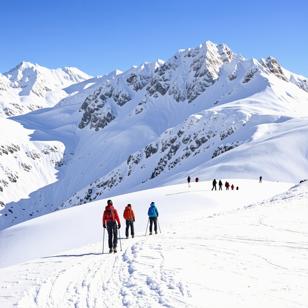 Panoramic snowy mountains in Žabljak with people engaging in winter sports and hiking