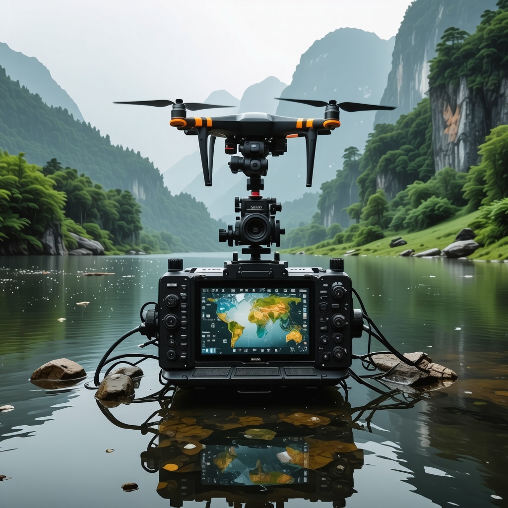 Drone and satellite monitoring of a lush forest ecosystem with digital data overlays.