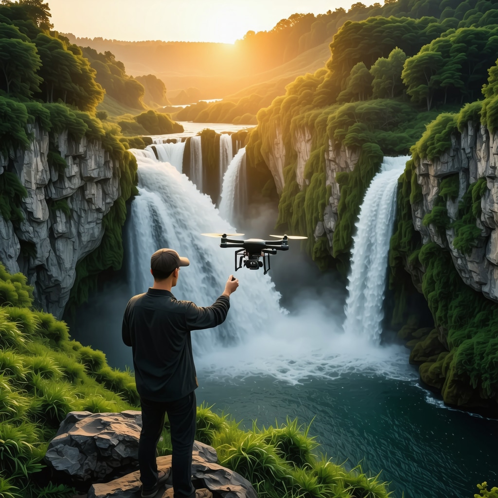 Professional photographer using drone over Krka National Park waterfalls during golden hour