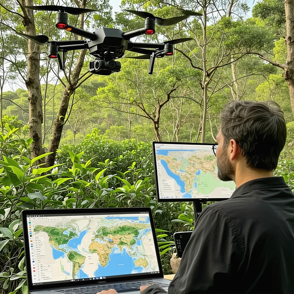 Drones and GIS maps used for ecological monitoring in a natural reserve.