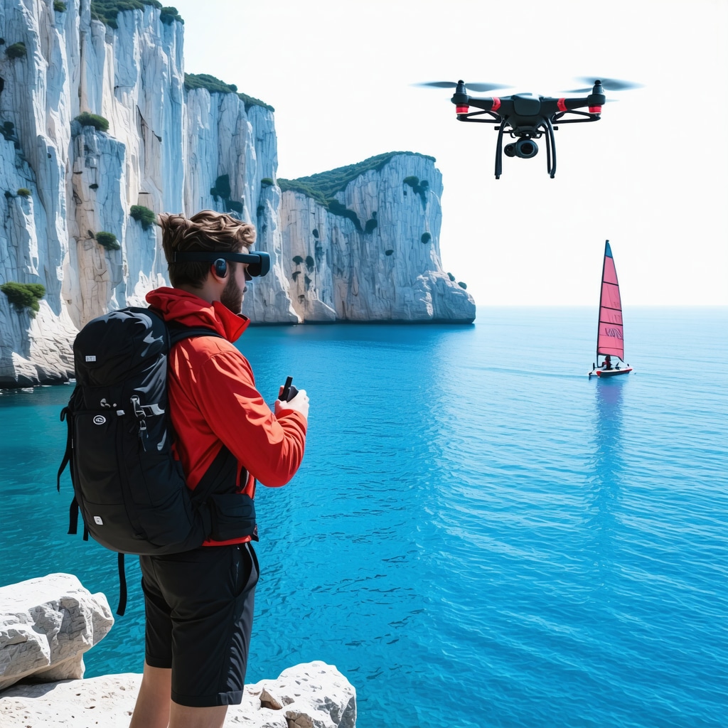 Hiker with AR glasses and drone over limestone cliffs, windsurfer with smart gear on Adriatic Sea