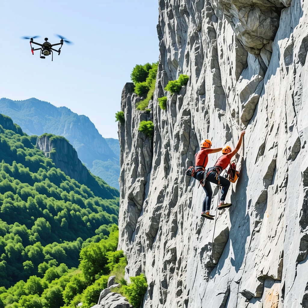 Panoramic view of Rugova Canyon featuring rock climbers with advanced gear, drones, and international canyoning race in lush mountainous terrain