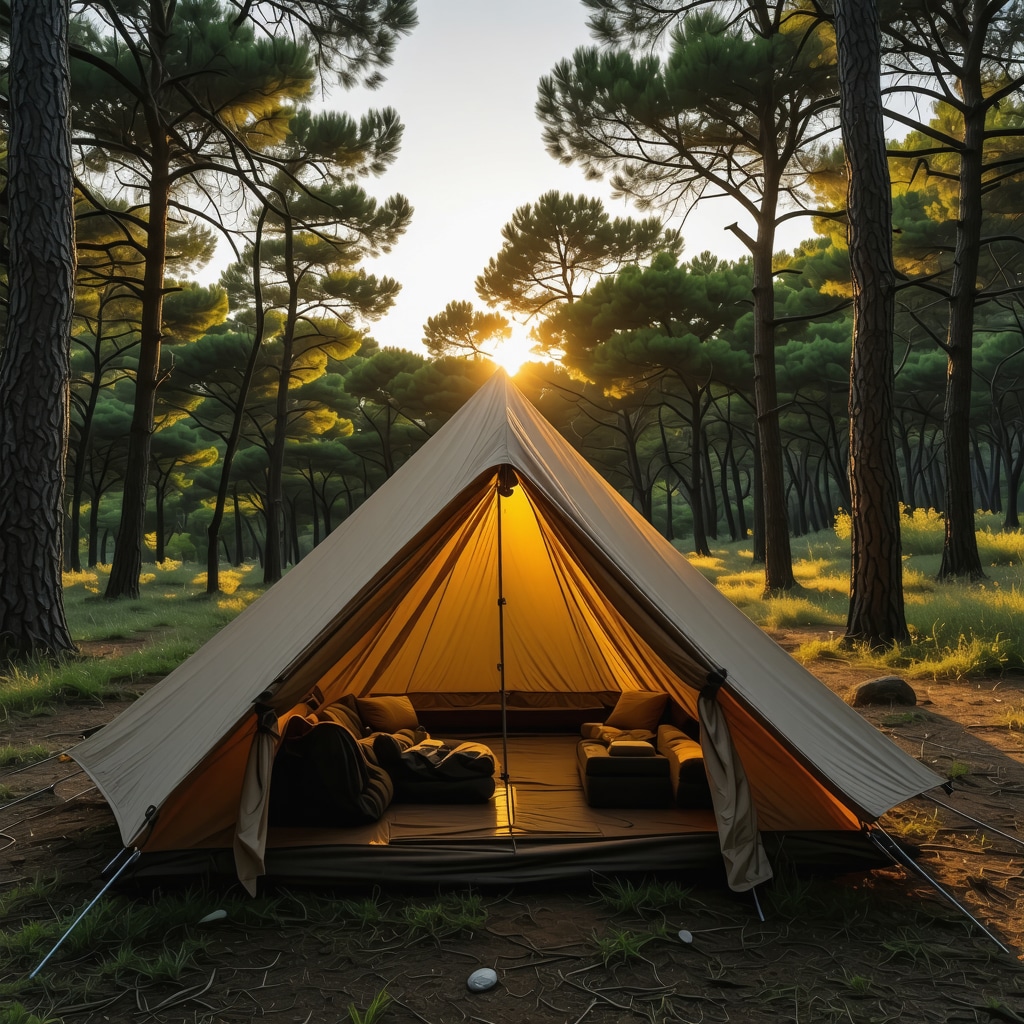 Eco-friendly advanced camping setup in Halkidiki forest during sunrise