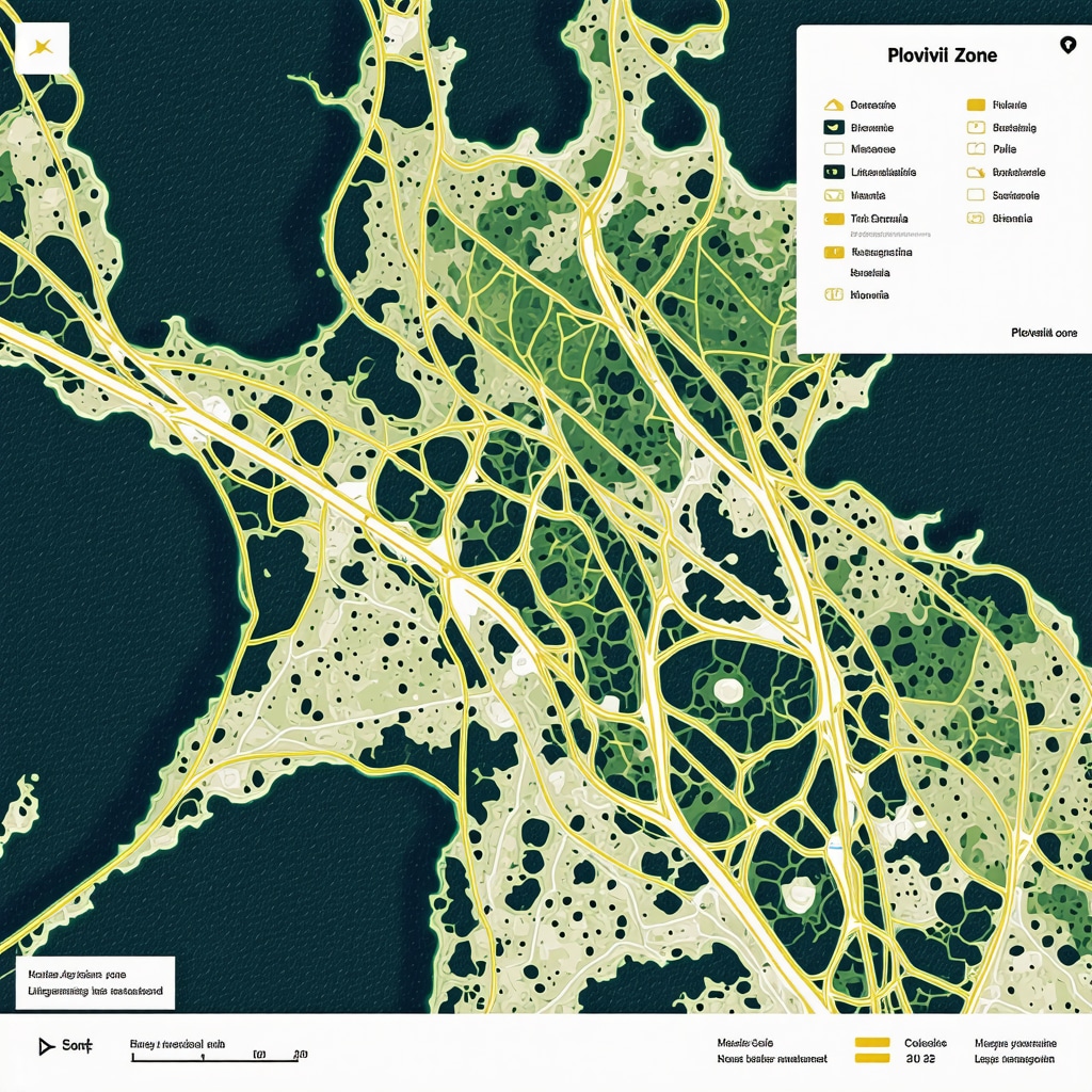 Aerial shot of Plovdiv nature trails highlighted with digital AR interface showing ecological and historical points