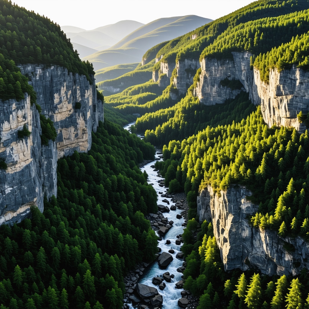 Panoramic aerial image of Rugova Canyon with cliffs, forest, and river at sunrise