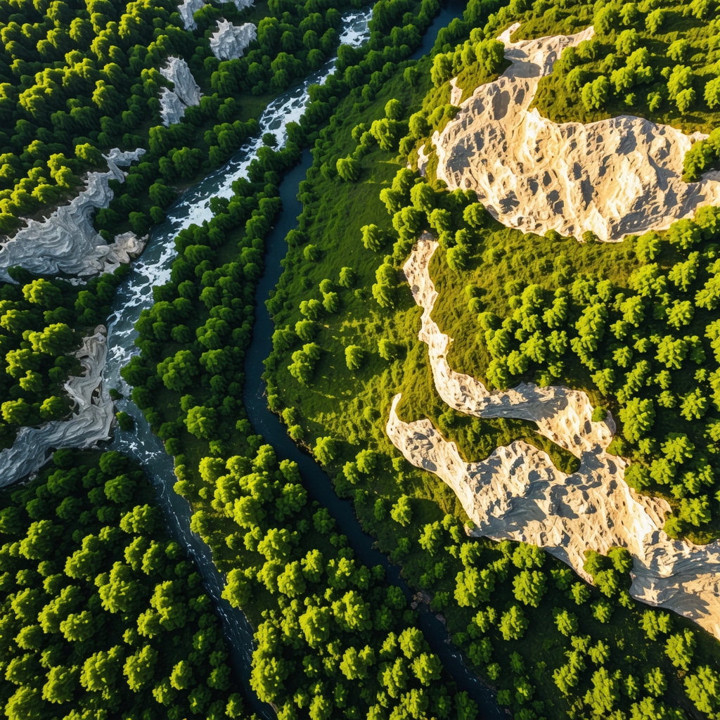 Aerial photo of Blagay Şelalesi with karst formations and river surrounded by dense vegetation